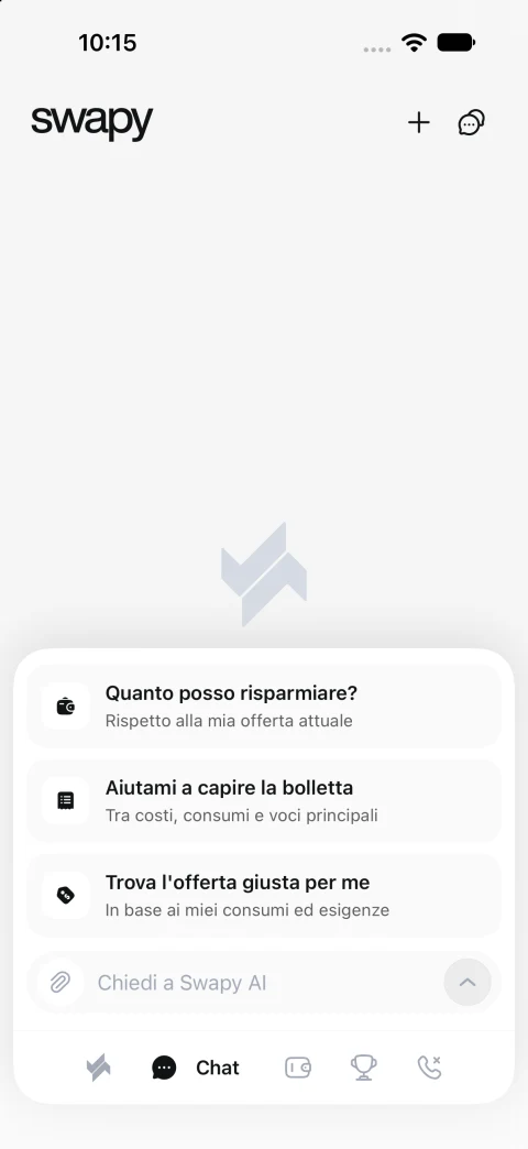 La chat Swapy AI con le domande suggerite su bollette e risparmio