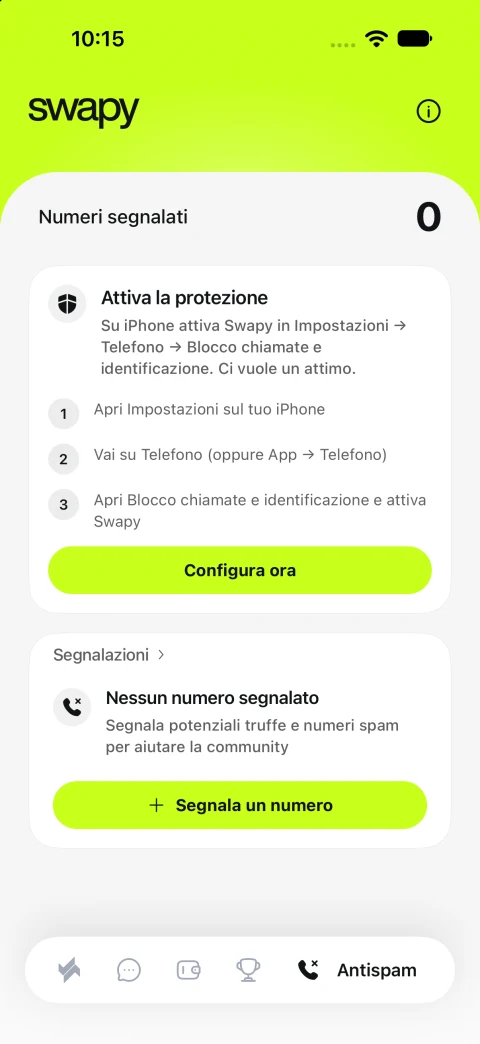 La schermata Antispam di Swapy con configurazione della protezione e segnalazione numeri