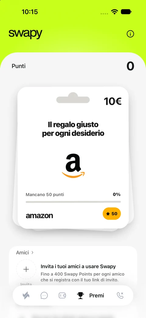 La sezione Premi di Swapy con punti, buono regalo Amazon e invito amici