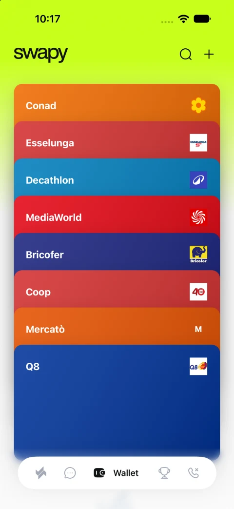 Le carte fedeltà raccolte nel wallet di Swapy