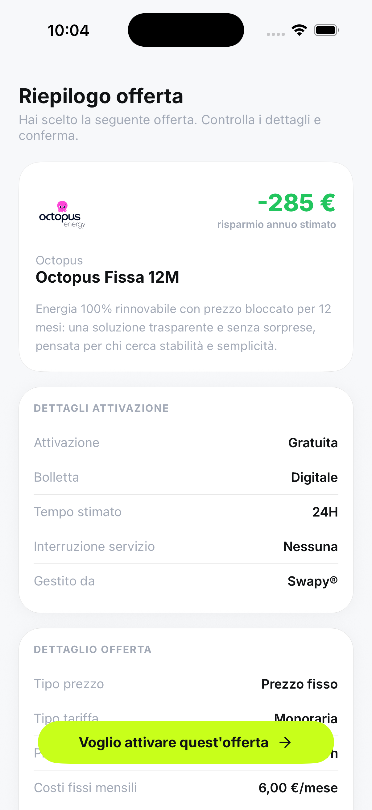 Riepilogo dell'offerta scelta e dettagli di attivazione